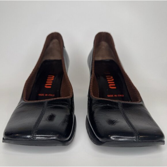 Miu Miu 90s Shoes 37 Real 38,5 Black Patent Leather Brown Square Toe Block Heel - Picture 5 of 9